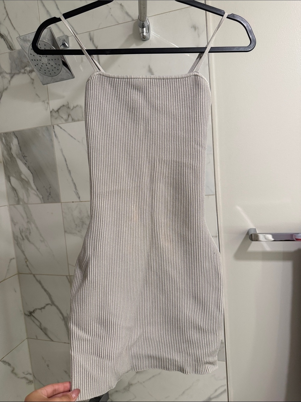 Babaton Ribbed Spaghetti-Strap Mini Dress in Light Gray
